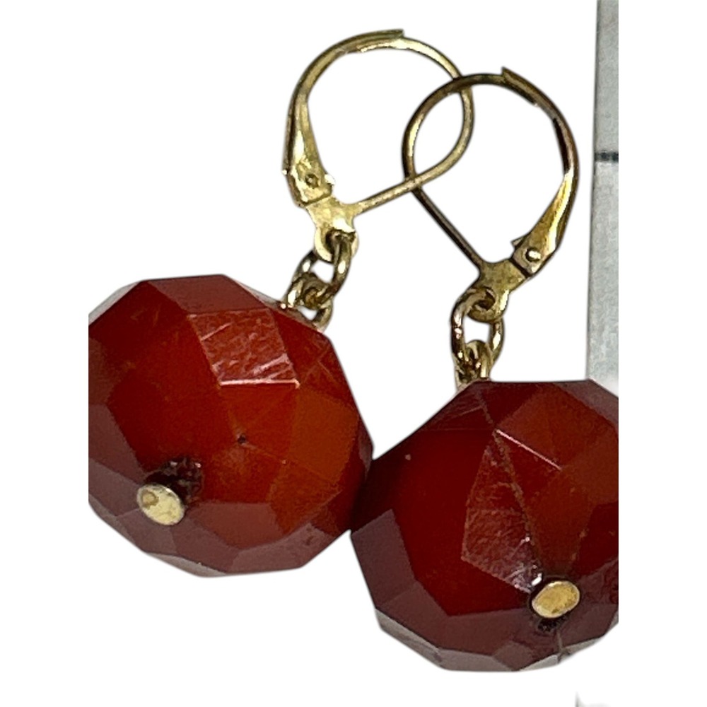 Vintage Red Faceted Agate Carnelian Leverback Drop Earrings Gold Tone Geometric